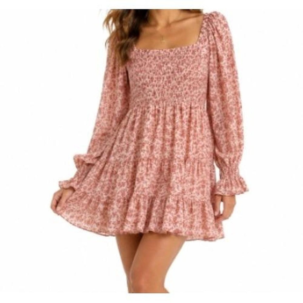 Altar'd State Pink Floral Smocked Tiered Mini Dress Long Sleeve XS